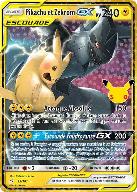 Pikachu et Zekrom GX (TEU) 33/181, carte 30ᵉ Anniversaire (30C), en vente à Manga Cash à Ans, province de Liège.