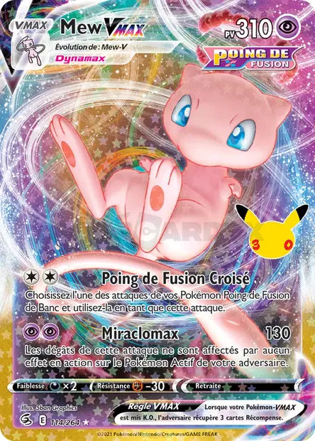 Mew VMAX (FST) 114/264, carte 30ᵉ Anniversaire (30C), en vente à Manga Cash à Ans, province de Liège.