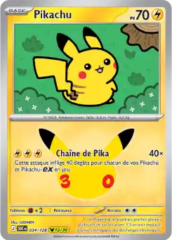 Pikachu 12/30 034/128, carte 30ᵉ Anniversaire (30C), en vente à Manga Cash à Ans, province de Liège.