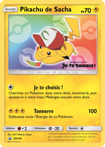 Pikachu de Sacha SM108, carte Carte Promo Soleil et Lune, en vente à Manga Cash à Ans, province de Liège.
