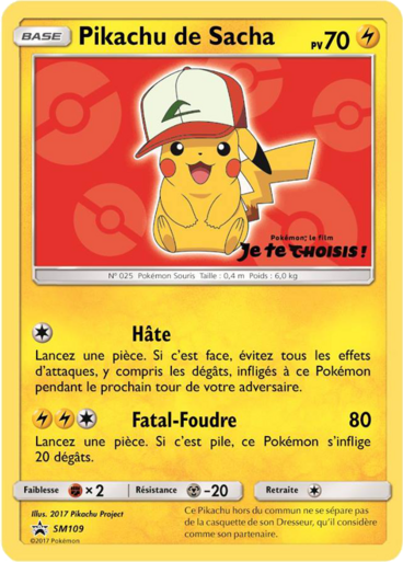 Pikachu de Sacha SM109, carte Carte Promo Soleil et Lune, en vente à Manga Cash à Ans, province de Liège.