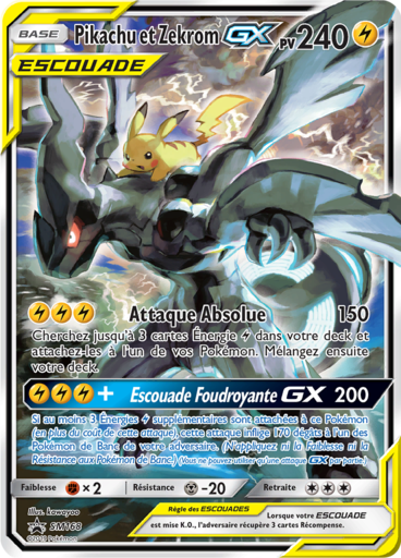 Pikachu et Zekrom GX Escouade SM168, carte Carte Promo Soleil et Lune, en vente à Manga Cash à Ans, province de Liège.