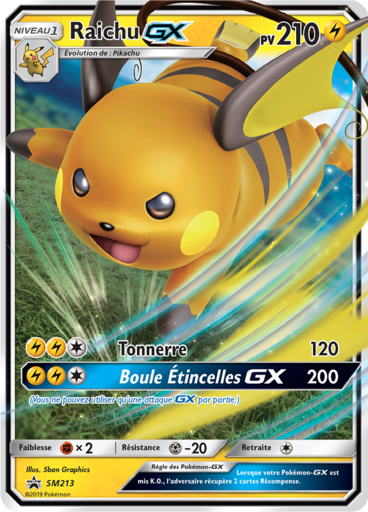 Raichu GX SM213, carte Carte Promo Soleil et Lune, en vente à Manga Cash à Ans, province de Liège.