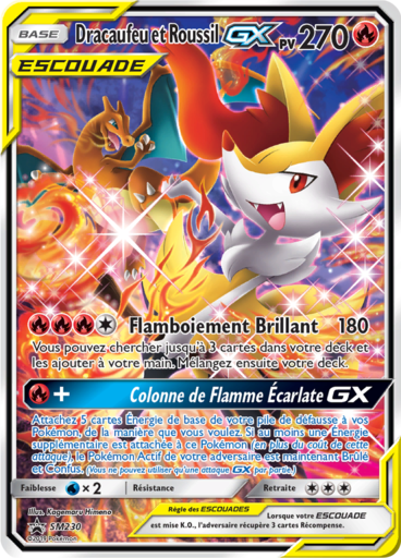 Dracaufeu et Roussil GX Escouade SM230, carte Carte Promo Soleil et Lune, en vente à Manga Cash à Ans, province de Liège.
