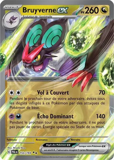 Bruyverne EX 153/193 issu de l’extension Destinées de Paldea, référencée chez Manga Cash à Ans, province de Liège.