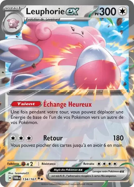 Carte Pokémon Leuphorie 134/167 de Mascarade Crépusculaire, vendue à l’unité chez Manga Cash à Ans, proche de Liège.