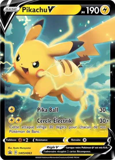 Carte Pokémon Pikachu V SWSH063 Promo Black Star disponible à l’unité chez Manga Cash à Ans, près de Liège.