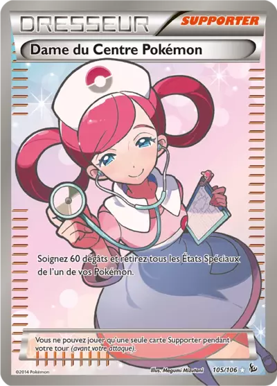 Dame du Centre Pokémon 105/106 de l’extension Étincelles, mise en avant par Manga Cash à Ans, près de Liège.