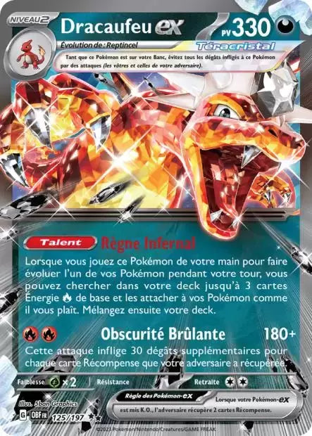 Dracaufeu EX 125/197 issu de l’extension Flammes Obsidiennes, présentée chez Manga Cash à Ans, province de Liège.