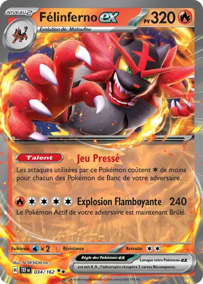 Félinferno EX 034/162 provenant de l’extension Forces Temporelles, en vente à Manga Cash à Ans en région liégeoise.