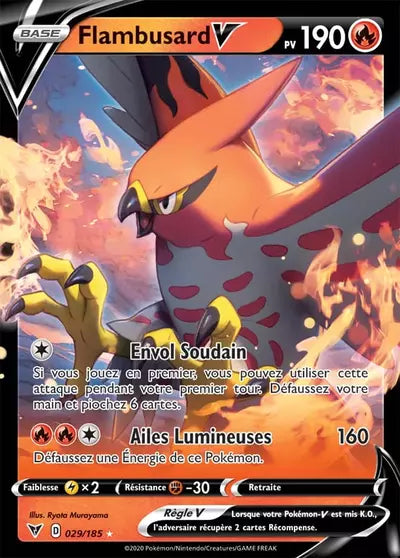 Flambusard V 029/185 issu de l’extension Voltage Éclatant, à découvrir chez Manga Cash à Ans, province de Liège.