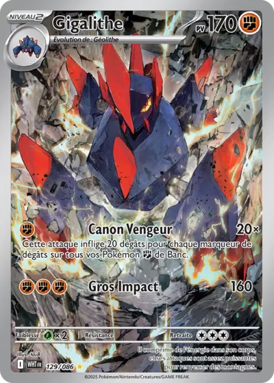 Gigalithe 129/086 issu de l’extension Flamme Blanche, à découvrir chez Manga Cash à Ans en région liégeoise.