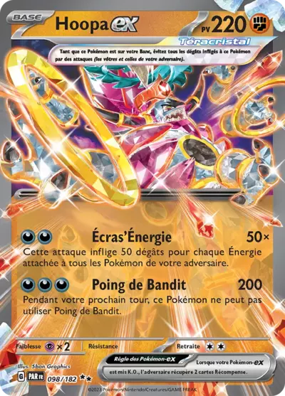Hoopa EX 098/182 issu de l’extension Faille Paradoxe, en vente à Manga Cash à Ans, province de Liège.