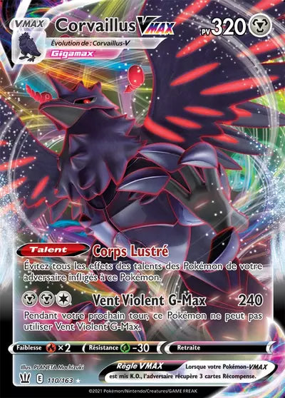 Carte Pokémon officielle Corvaillus VMAX 110/163 - Styles de Combat (non née) - Manga Cash Ans (Liège)