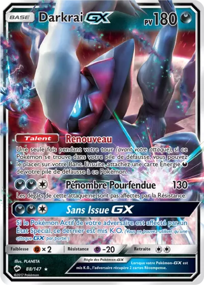 Darkrai GX 88/147, carte Ombres Ardentes (BUS), en vente à Manga Cash à Ans, province de Liège.