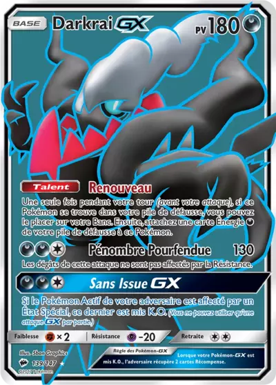 Darkrai GX 139/147, carte Ombres Ardentes (BUS), en vente à Manga Cash à Ans, province de Liège.