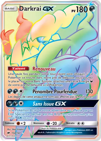 Darkrai GX 158/147, carte Ombres Ardentes (BUS), en vente à Manga Cash à Ans, province de Liège.