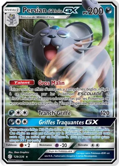 Persian d'Alola GX 129/236, carte Éclipse Cosmique (CEC), en vente à Manga Cash à Ans, province de Liège.