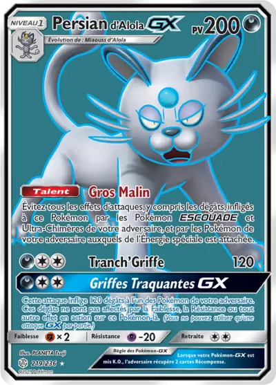 Persian d'Alola GX 219/236, carte Éclipse Cosmique (CEC), en vente à Manga Cash à Ans, province de Liège.