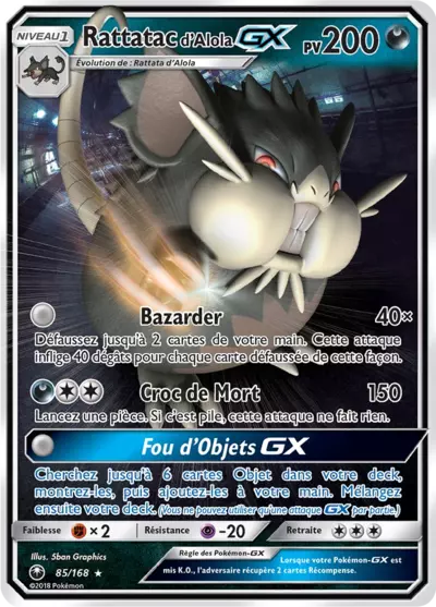 Rattatac d'Alola GX 85/168, carte Tempête Céleste (CES), en vente à Manga Cash à Ans, province de Liège.