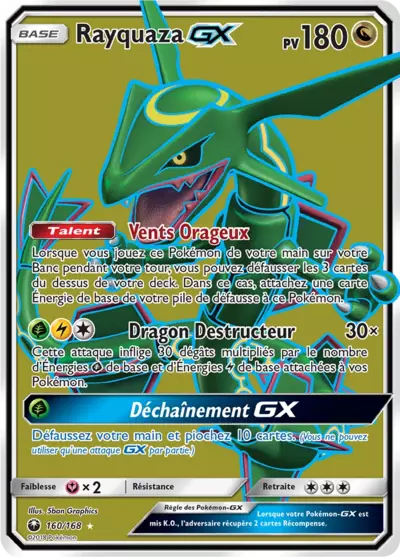 Rayquaza GX 160/168, carte Tempête Céleste (CES), en vente à Manga Cash à Ans, province de Liège.