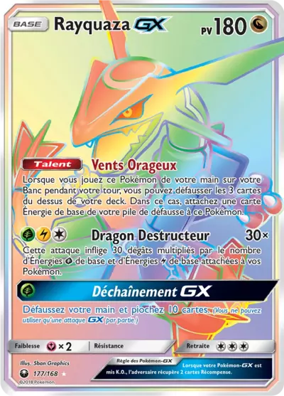 Rayquaza GX 177/168, carte Tempête Céleste (CES), en vente à Manga Cash à Ans, province de Liège.