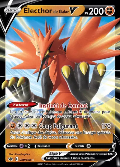 Carte Pokémon Électhor de Galar V 080/198 - Règne de Glace (CRE) chez Manga Cash Ans-Liège (Liège), vendue à l’unité (non reconditionnée).