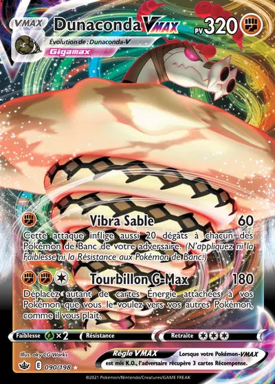 Carte Pokémon Dunaconda VMAX 090/198 - Règne de Glace (CRE) chez Manga Cash Liège (Liège), vendue à l’unité (non reconditionnée).