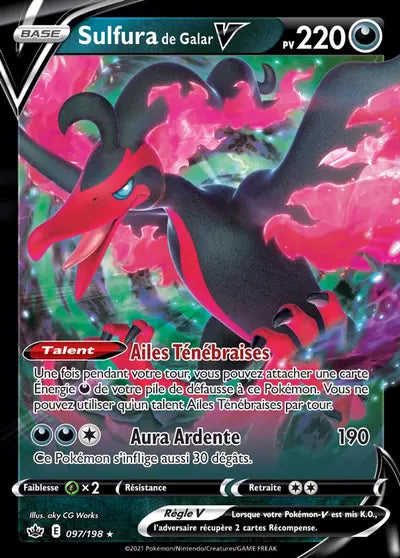 Carte Pokémon Sulfura de Galar V 097/198 - Règne de Glace (CRE) chez Manga Cash Ans-Liège (Liège), vendue à l’unité (non reconditionnée).