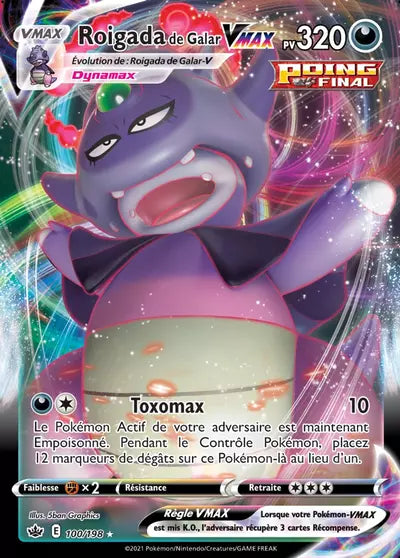 Carte Pokémon Roigada de Galar VMAX 100/198 - Règne de Glace (CRE) chez Manga Cash Liège (Liège), vendue à l’unité (non reconditionnée).