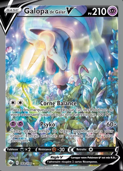 Carte Pokémon Galopa de Galar V 168/198 - Règne de Glace (CRE) chez Manga Cash Liège (Liège), vendue à l’unité (non reconditionnée).