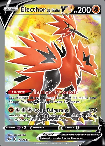 Carte Pokémon Électhor de Galar V 173/198 - Règne de Glace (CRE) chez Manga Cash Ans (Liège), vendue à l’unité (non reconditionnée).