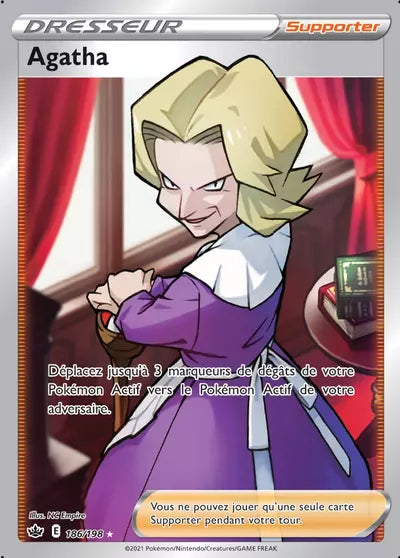 Carte Pokémon Agatha 186/198 - Règne de Glace (CRE) chez Manga Cash Liège (Liège), vendue à l’unité (non reconditionnée).
