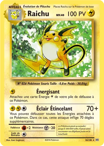 Raichu Holo 36/108, carte Évolutions (EVO), en vente à Manga Cash à Ans, province de Liège.