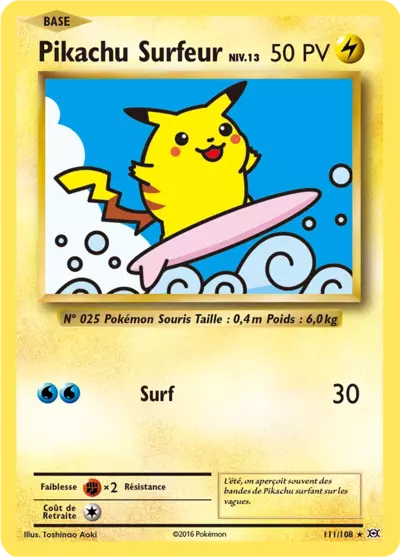 Pikachu Surfeur 111/108, carte Évolutions (EVO), en vente à Manga Cash à Ans, province de Liège.
