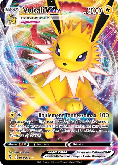 Voltali VMAX 051/203 - Évolution Céleste (EVS) - carte Pokémon officielle. Vente à l’unité, prix basé sur Cardmarket. Manga Cash Ans.