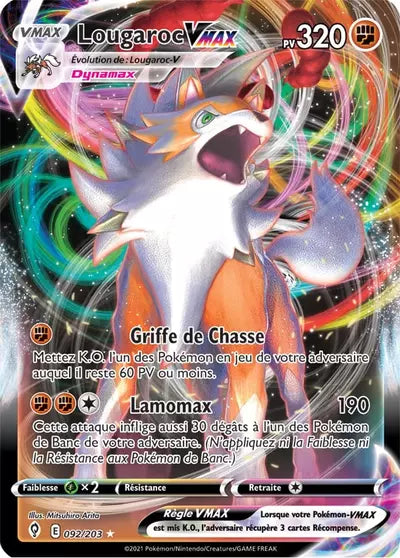 Carte Pokémon Lougaroc VMAX 092/203 (EVS, Évolution Céleste), vente à l’unité prix basé sur Cardmarket - Manga Cash Liège.