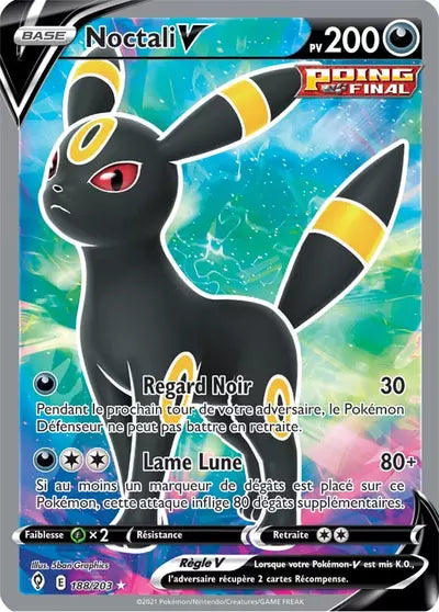 Noctali V 188/203 - Évolution Céleste (EVS) - carte Pokémon officielle. Vente à l’unité, prix basé sur Cardmarket. Manga Cash Ans.