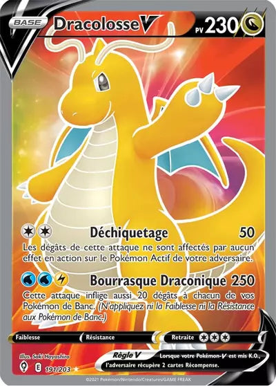 Dracolosse V 191/203 - Évolution Céleste (EVS) - carte Pokémon officielle. Vente à l’unité, prix basé sur Cardmarket. Manga Cash Ans.