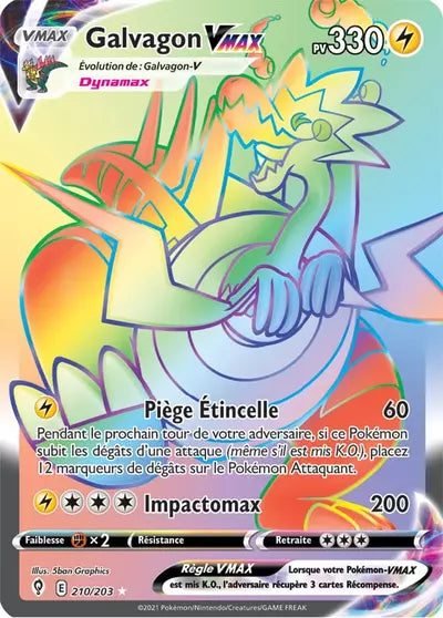 Carte Pokémon Galvagon VMAX 210/203 (EVS, Évolution Céleste), vente à l’unité prix basé sur Cardmarket - Manga Cash Liège.
