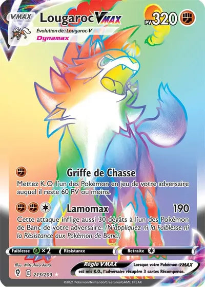 Carte Pokémon Lougaroc VMAX 213/203 (EVS, Évolution Céleste), vente à l’unité prix basé sur Cardmarket - Manga Cash Liège.