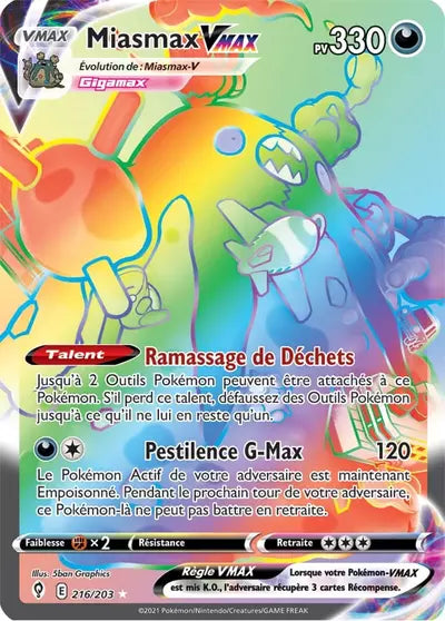 Carte Pokémon Miasmax VMAX 216/203 (EVS, Évolution Céleste), vente à l’unité prix basé sur Cardmarket - Manga Cash Liège.