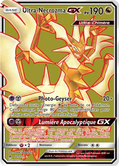 Ultra-Necrozma GX 127/131, carte Lumière Interdite (FLI), en vente à Manga Cash à Ans, province de Liège.