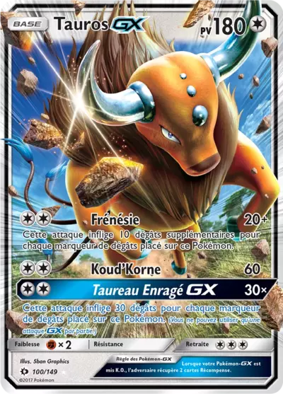 Tauros GX 100/149, carte Soleil et Lune (SUM), en vente à Manga Cash à Ans, province de Liège.