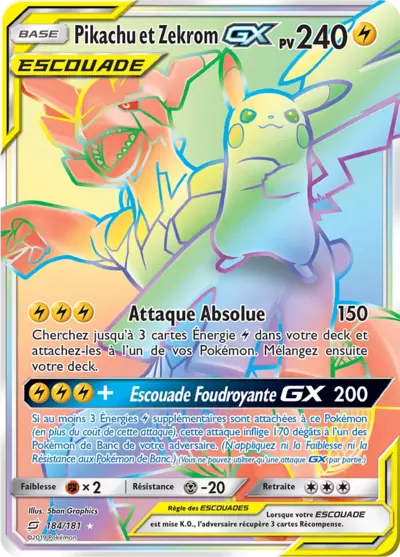 Pikachu et Zekrom Escouade 184/181, carte Duo de Choc (TEU), en vente à Manga Cash à Ans, province de Liège.