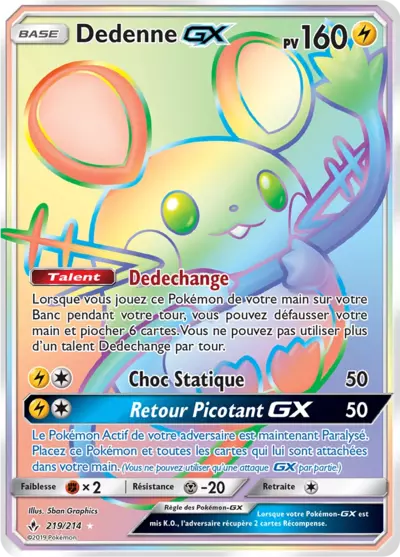 Dedenne GX 219/214, carte Alliance Infaillible (UNB), en vente à Manga Cash à Ans, province de Liège.