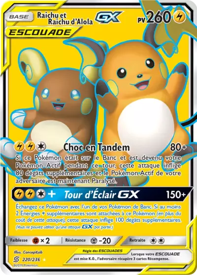 Raichu et Raichu d'Alola Escouade 220/236, carte Harmonie des Esprits (UNM), en vente à Manga Cash à Ans, province de Liège.