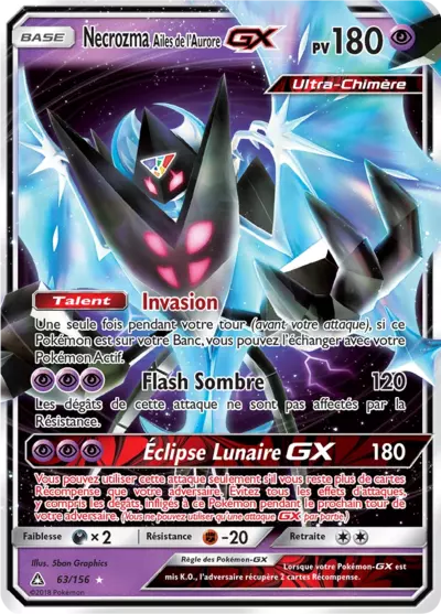 Necrozma Ailes de l'Aurore GX 63/156, carte Ultra-Prisme (UPR), en vente à Manga Cash à Ans, province de Liège.