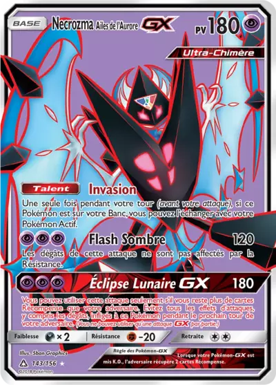Necrozma Ailes de l'Aurore GX 143/156, carte Ultra-Prisme (UPR), en vente à Manga Cash à Ans, province de Liège.