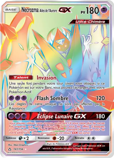 Necrozma Ailes de l'Aurore GX 161/156, carte Ultra-Prisme (UPR), en vente à Manga Cash à Ans, province de Liège.